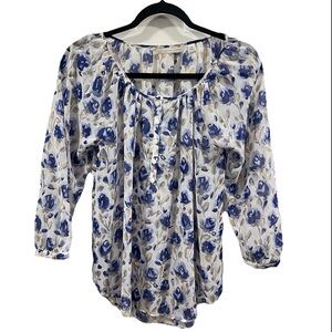 LC Lauren Conrad Semi Sheer Floral Print Blouse XS White Blue 3/4 Sleeve Top